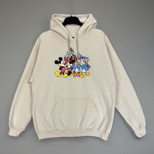 Disney Mickey & Friends Sketch Graphic Hoodie Pullover Sweatshirt L Sand New